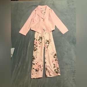 SHEIN Girl Lapel Neck Blazer & Floral Print Halter Neck Wide Leg Jumpsuit